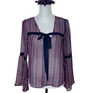 BCBGeneration Ruffle Front Pirate SHEER STRIPED BLOUSE BELL SLEEVES XXS